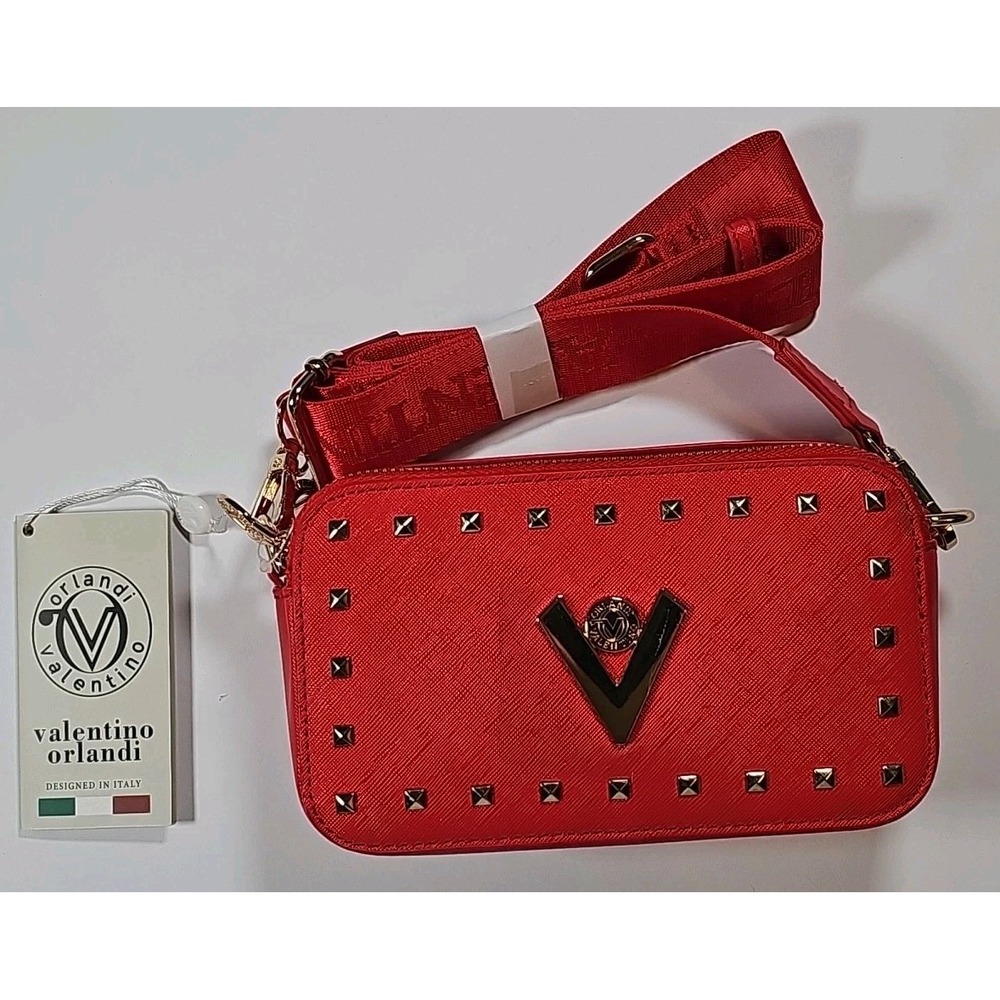 NWT VALENTINO‎ ORLANDI ITALY RED Studded CROSSBODY BAG With Gold Accent Hardware